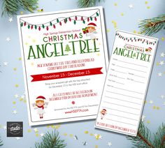 a christmas angel tree party flyer with an elf and santa clause on the front, next to it