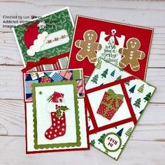 four christmas cards with gingerbreads, stockings and stocking on them are sitting next to each other