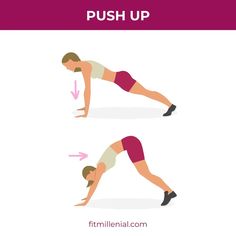 a woman doing push up exercises with the words push up above her head and bottom