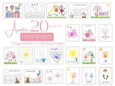 an assortment of handprints and coloring pages for children's art projects, including flowers