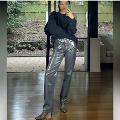 New With Tag Blogger’s Favorite Zara Best Sellers Zara New Collection Zara 2023 6045/048 Chic Silver Bottoms For Winter, Chic Silver Winter Bottoms, Zara Wide Leg Jeans, Fashion Bible, Metallic Jeans, Premium Denim Jeans, Patterned Jeans, Zara New, Straight Fit Jeans