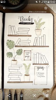 an open notebook with books and plants on it