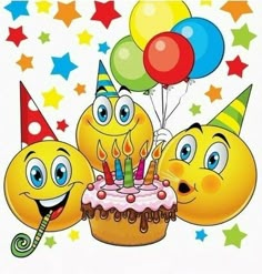 three smiley faces with birthday candles and balloons