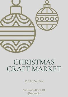 the christmas craft market flyer with ornaments on grey and white background, in gold foil