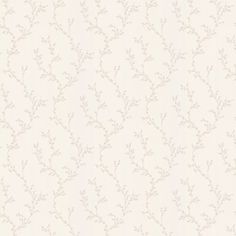 a white wallpaper with small leaves and vines on the bottom half of it,