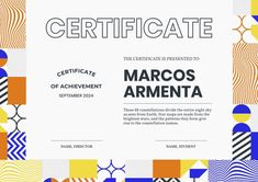 an award certificate with colorful geometric shapes