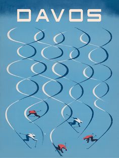 an advertisement for the national ski association, featuring skiers skiing through circles in blue and white