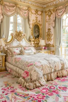 a fancy bedroom with pink and gold decor on the walls, windows, and bedding