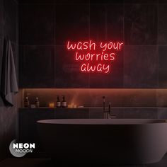 Transform your bathroom into a serene oasis with our neon "Wash your worries away" sign. Designed specifically for the bathroom, this vibrant sign adds a touch of relaxation to your daily routine. Made with high-quality materials, it is the perfect addition to any bathroom. Bathroom Wall Colors, Neon Food, Home Gym Garage, Neon Quotes, Bathroom Walls, Love Quotes Funny, Christmas Birthday Party, Auto Repair Shop, Bathroom Decoration