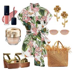 a women's outfit and accessories including shoes, handbag, sunglasses, lipstick, nail polish