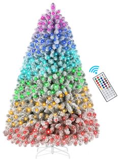 a multicolored christmas tree with remote control