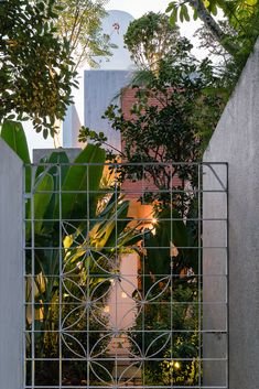 an iron gate in front of a house with trees and bushes surrounding it, as seen from the outside