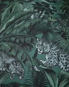 a green and black wallpaper with leopards in the jungle