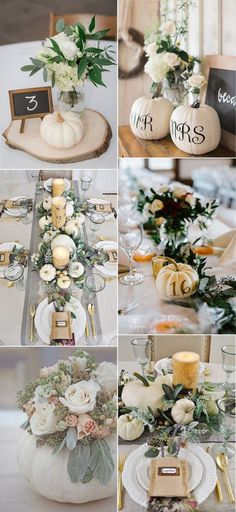 white pumpkins and greenery decorate the centerpieces for an elegant fall wedding