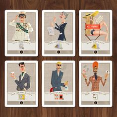 four cards with different people in suits and hats, one holding a drink while the other is