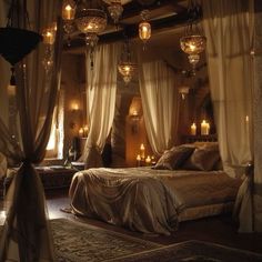 a large bed sitting in a bedroom with lots of lights hanging from the ceiling above it