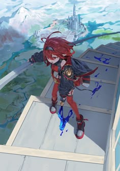 a girl with red hair is standing on a ledge