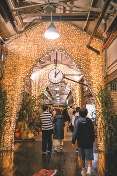 people are walking through an indoor market with christmas lights on the walls and plants hanging from the ceiling