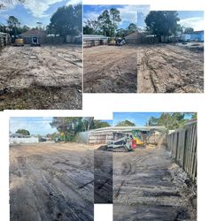 four different pictures of dirt roads and trucks