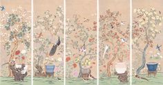 5 panel set of antique, indienne chinoiserie wallpaper in staunton colourway Fromental Wallpaper, Naive Painting, Vietnam Art, Chinese Design, Chinese Patterns