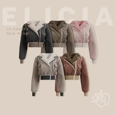 four different colored jackets with the name elicia on them and an image of two women's coats