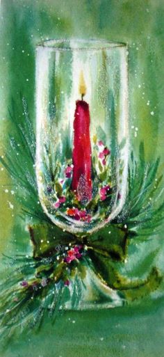 a painting of a red candle in a glass filled with water and greenery on a green background