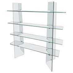 a glass shelf with three shelves on each side and one shelf above the other, in front of a white background