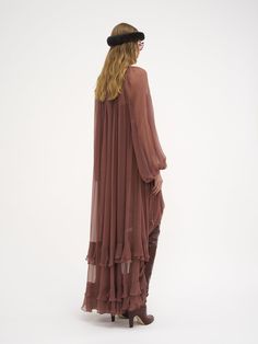 Chloé Gathered Long Dress In Silk Mousseline | Chloé US Chiffon Midi Dress With Ruffles For Daywear, Flowy Silk Tiered Maxi Dress, Flowy Tiered Silk Maxi Dress, Bohemian Evening Maxi Dress With Ruffles, Bohemian Ruffled Maxi Dress For Evening, Flowy Long Tiered Dress With Ruffles, Bohemian Maxi Dress With Voluminous Skirt, Silk Midi Dress With Ruffles For Daywear, Daywear Silk Chiffon Dress With Ruffles