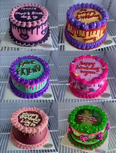 there are six cakes that have been decorated in different colors