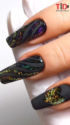 Black Rock Concert Nails, Dark Acrylic Nails Ideas, Old Lady Nails Designs, Translucent Black Nails, Holo Nails Designs, Harvest Nail Designs, Badass Nail Designs, Biker Nails Designs, Rare Nail Designs