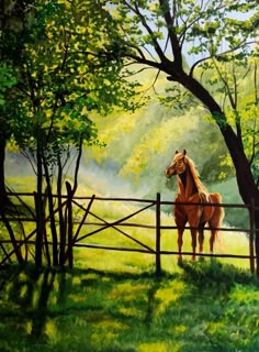 a painting of a horse standing in the grass behind a fenced in area with trees