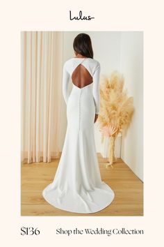 Make your special day even more so by making sure you walk down the aisle in the Lulus Eloquent Endearment White Long Sleeve Backless Maxi Dress! Stretchy crepe knit shapes this gorgeous dress that starts with a princess-seamed bodice, a crew neckline, and elegant long sleeves. The fitted waist tops an ultra-flattering, mermaid maxi skirt that boasts a romantic train at the back. A diagonal row of functional buttons secure above the flirty backless design, while a hidden zipper/clasp sits beneat Long Sleeve White Maxi Dress, Mermaid Maxi Skirt, Backless Maxi Dress, Lulu Fashion, Backless Maxi Dresses, Backless Design, White Maxi Dresses, Dress 100, White Long Sleeve