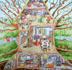 a drawing of a house in the middle of a tree with lots of furniture inside