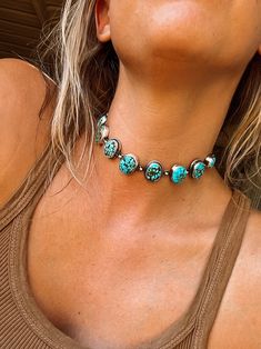 9 Stone Turquoise Choker - Turnback Pony ™ - Necklaces Southwest Jewelry Southwestern Style Bead Necklaces, Western Bride Turquoise Jewelry, How To Make Turquoise Jewelry, Turquoise Jewelry Styling, Bride With Turquoise Jewelry, Western Jewelry Inspiration, Western Cowgirl Jewelry, Turquoise Choker Necklace, Turquoise Western Jewelry