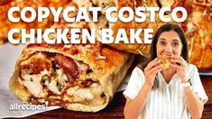 a woman eating a piece of chicken bake with the words copycat costo chicken bake