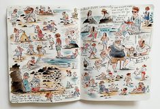 an open book with pictures of people on the beach and in the water, all drawn by hand