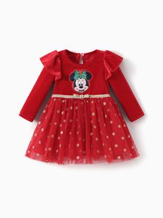 Celebrate the holidays in style with this Officially Licensed Disney Dress!
* Product features: Christmas-themed Disney character print
* Fabric characteristics: Soft velvet and polka dot mesh fabric
* Piece of product: One-piece dress
* Neckline: Flouncy ruffled sleeves 
* Sleeves: Elegant off-shoulder design 
* Style: A-line silhouette with a gold mesh polka dot skirt and a golden ribbon at the waist 
* Fit: Comfortable and true to size 
* Length: Knee-length Christmas Minnie Mouse, Mesh Dresses, Golden Ribbon, Disney Dress, Disney Dresses, Disney Character, Polka Dot Skirt, Dot Skirt, Disney Merchandise