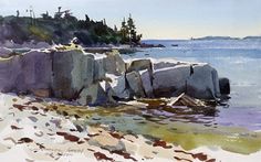 a watercolor painting of rocks on the beach