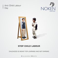 a young boy looking at his reflection in a mirror with the caption stop child labor