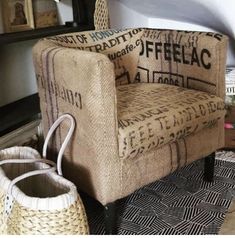 a chair and basket sitting next to each other