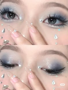 Makeup Looks For Homecoming Blue Dress, 15 Birthday Makeup, Make Up Homecoming, Blue Eyeshadow Korean, Blue Makeup Inspiration, Blue Eye Makeup Douyin, K Pop Concert Makeup, Makeup For Denim Outfit, K-12 Inspired Makeup