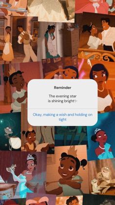 the princess and the frog is shown in this collage from disney's animated movie