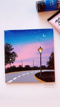 an acrylic painting of a street at night with a lamp post and moon