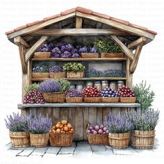 a watercolor painting of various fruits and vegetables in baskets on a wooden stand with an awning