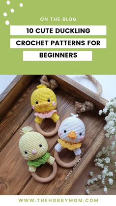 three crocheted toys sitting on top of a wooden tray with text overlay