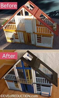 the before and after pictures of a doll house that has been painted orange, blue, yellow and white