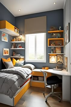 a bedroom with a bed, desk and bookshelf in the corner next to a window