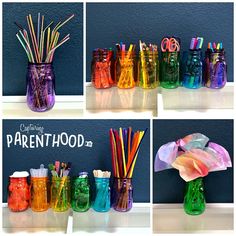 there are many different colored glass vases with toothbrushes in them