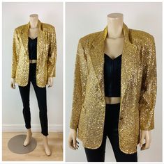 Vintage 1980s Sequin Beaded Jacket menswear inspired look blazer style 2 button closure pockets covered in shiny gold sequins gold lining great vintage condition appx size - S / M 22 pit-pit 28 length 22 sleeve All sales are final Gold Long Sleeve Blazer For Party Season, Elegant Gold Blazer For Night Out, Glamorous Gold Long Sleeve Blazer, Gold Long Sleeve Outerwear For Party Season, Gold Sequined Long Sleeve Blazer, Gold Sequin Blazer For Fall, Gold Sequined Blazer For Fall, Gold Sequined Outerwear For Spring, Gold Outerwear For Night Out And Party Season