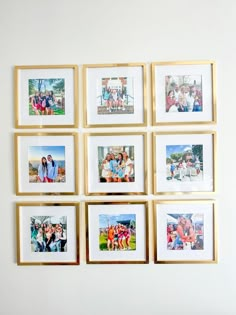 a group of pictures hanging on the wall with multiple frames around them, all displaying family photos